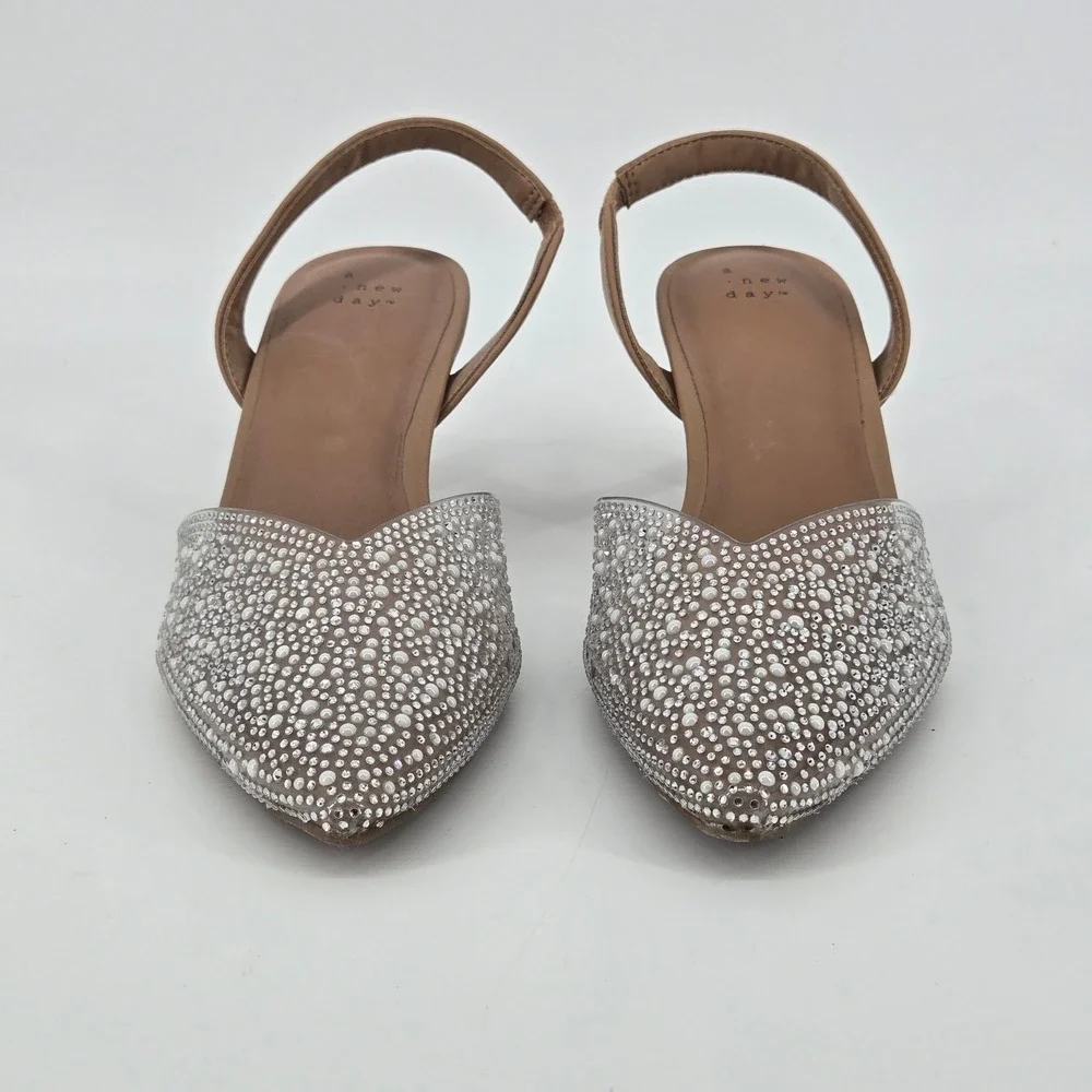 A New Day Rhinestone Mesh Slingback Kitten Heels Nude Neutral Wedding Prom 11